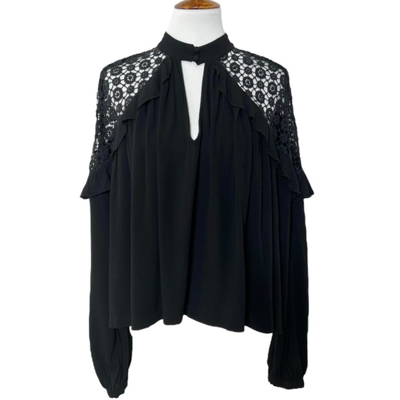SOLD-Free People Ruffled Crochet Lace Black Draped Relaxed Long Sleeve Top - Picture 2 of 13
